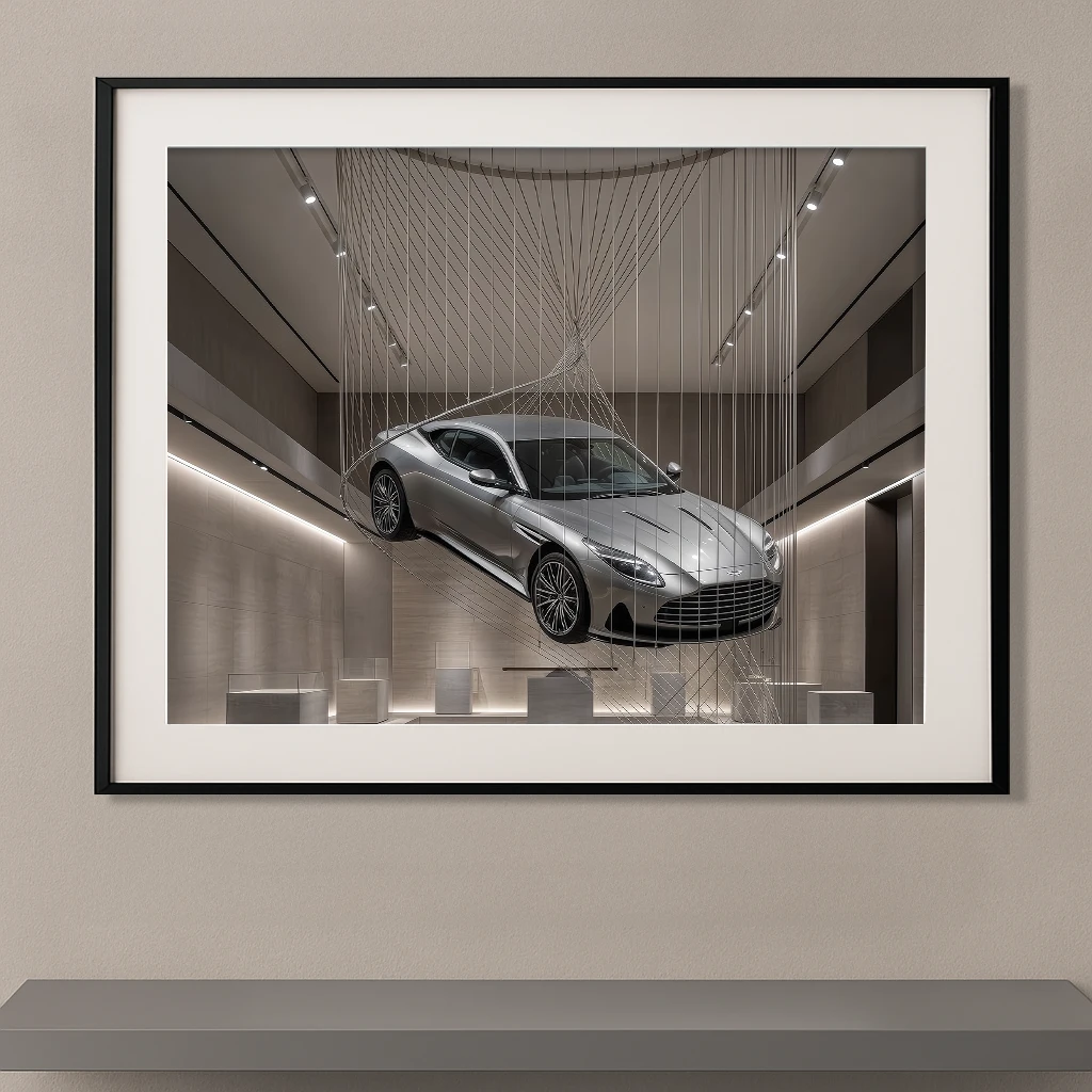 Tableau voiture de légende Aston Martin DBS argent suspendue dans une galerie contemporaine