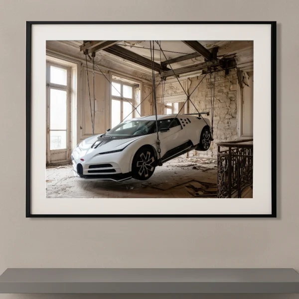 Tableau voiture de légende Bugatti Centodieci blanche suspendue dans un palais en ruines