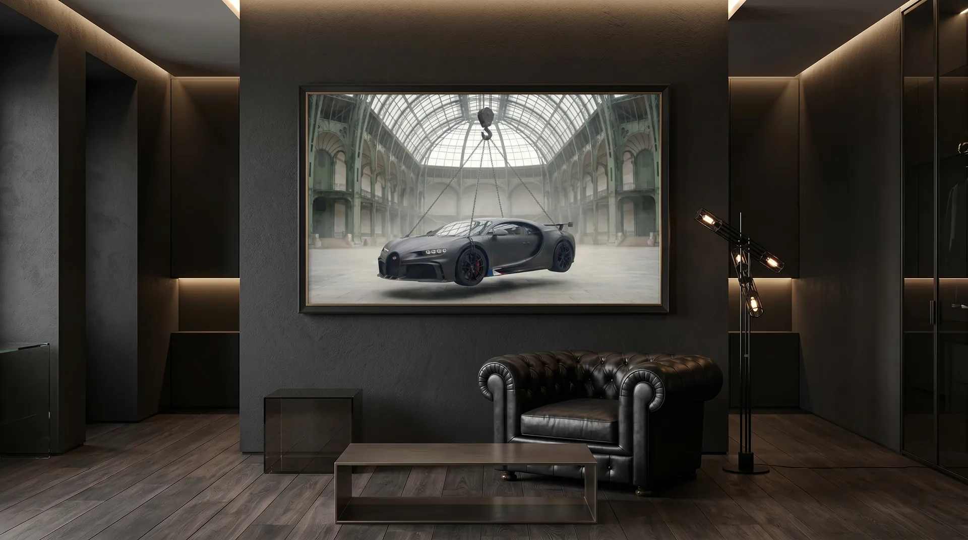 Tableau Bugatti Chiron en décoration murale automobile premium dans un intérieur contemporain sombre Graphic Avenue