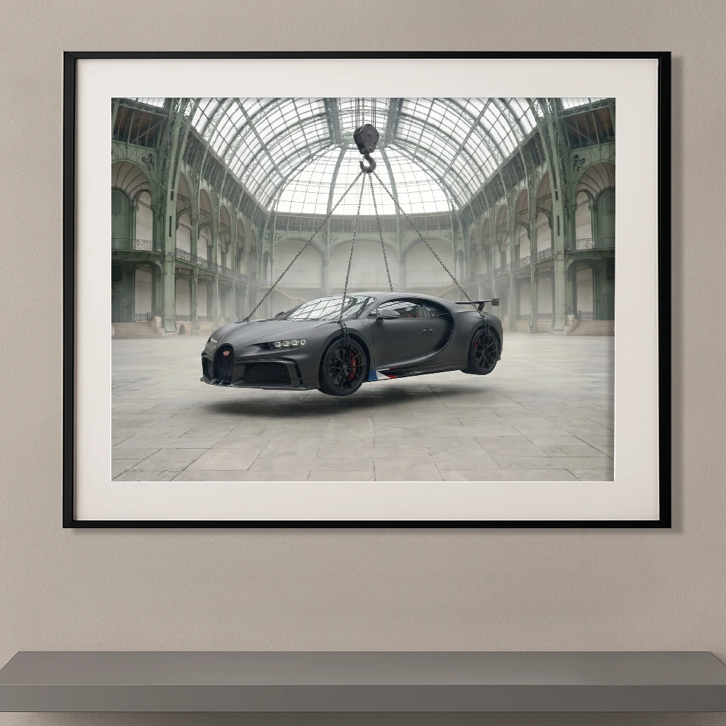 Tableau voiture de légende Bugatti Chiron suspendue au Grand Palais