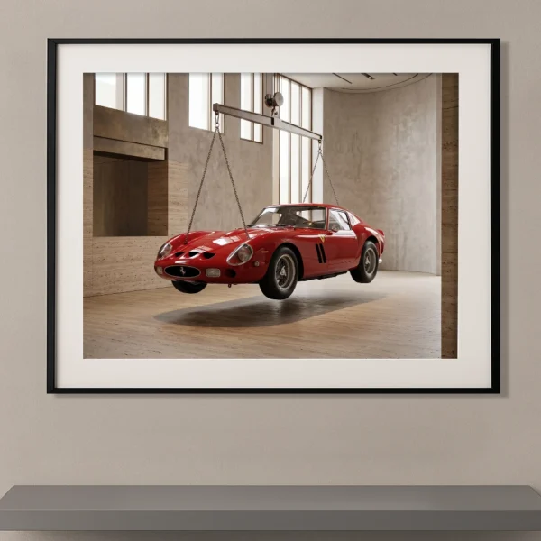 Tableau voiture de légende Ferrari 250 GTO rouge suspendue dans un espace architectural