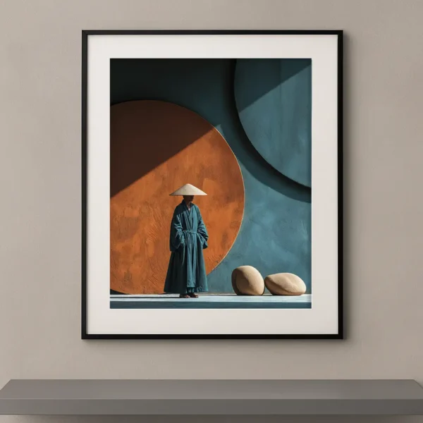 Tableau abstrait contemporain Figures et Formes avec silhouette bleue devant formes terracotta et bleu minéral Graphic Avenue
