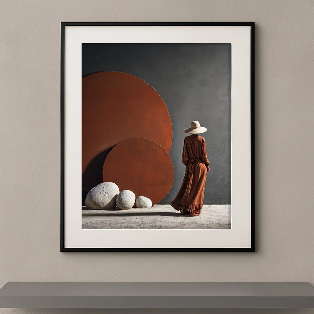 Tableau Figures et Formes Cercle Terracotta avec silhouette terracotta et formes minérales dans un univers contemporain Graphic Avenue