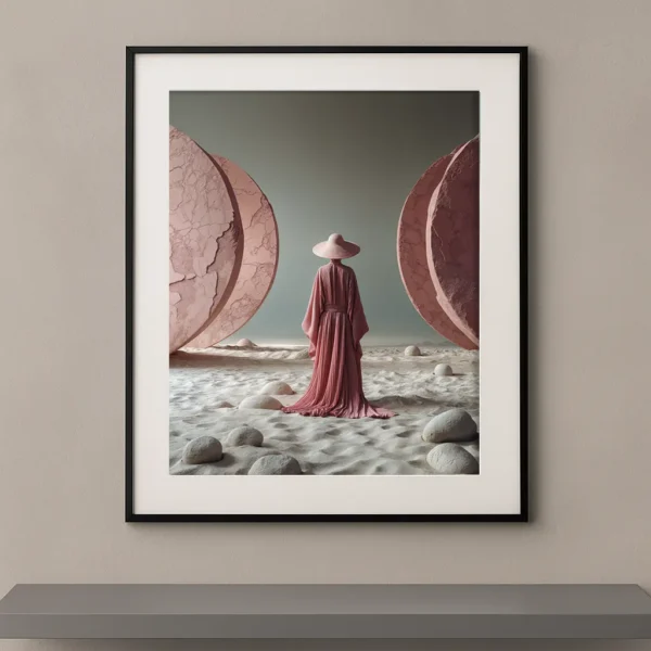 Tableau abstrait contemporain Figures et Formes avec silhouette en robe rose dans un univers minéral Graphic Avenue
