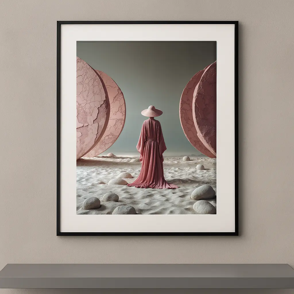 Tableau abstrait contemporain Figures et Formes avec silhouette en robe rose dans un univers minéral Graphic Avenue