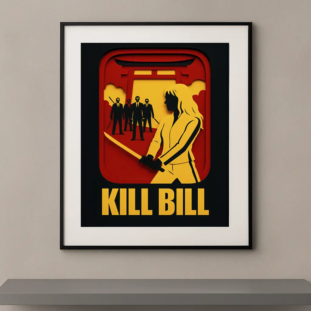 Tableau film culte Kill Bill en style papier découpé jaune rouge et noir