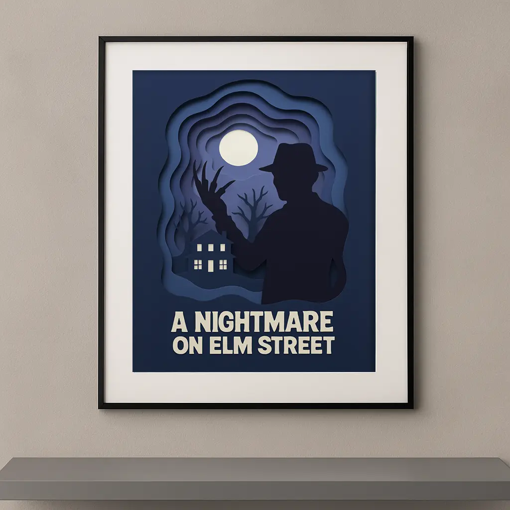 Tableau film culte Les Griffes de la nuit en style papier découpé bleu nuit