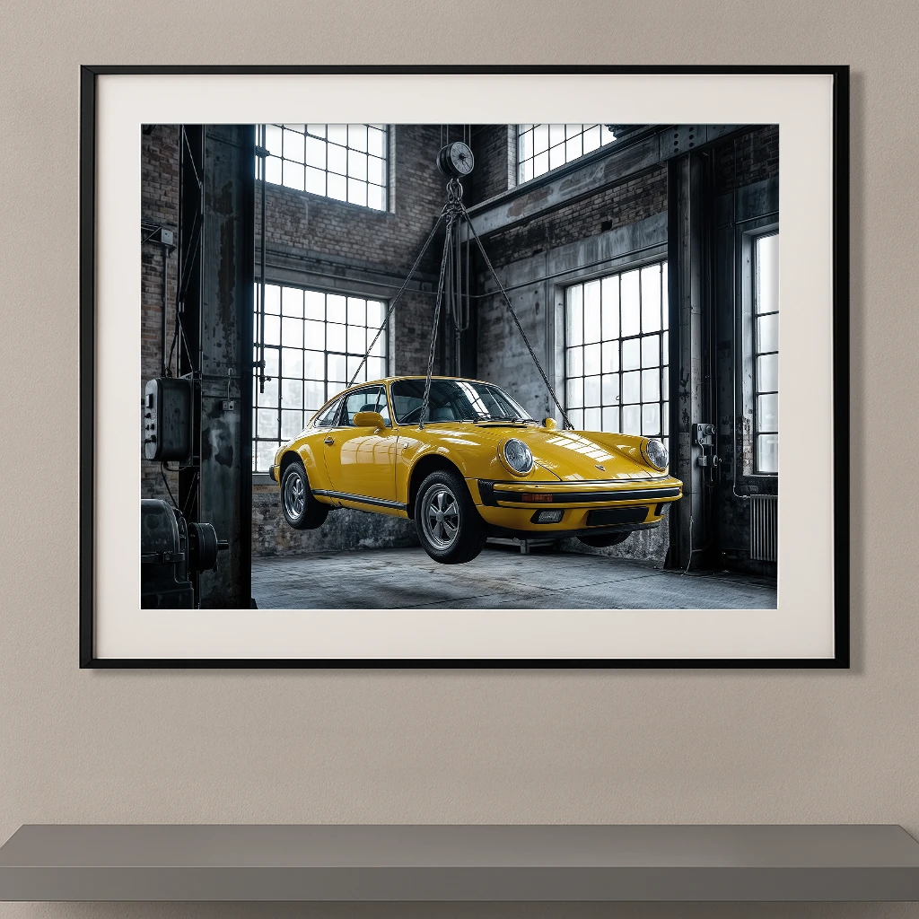 Tableau voiture de légende Porsche 911 classique jaune suspendue dans un atelier industriel