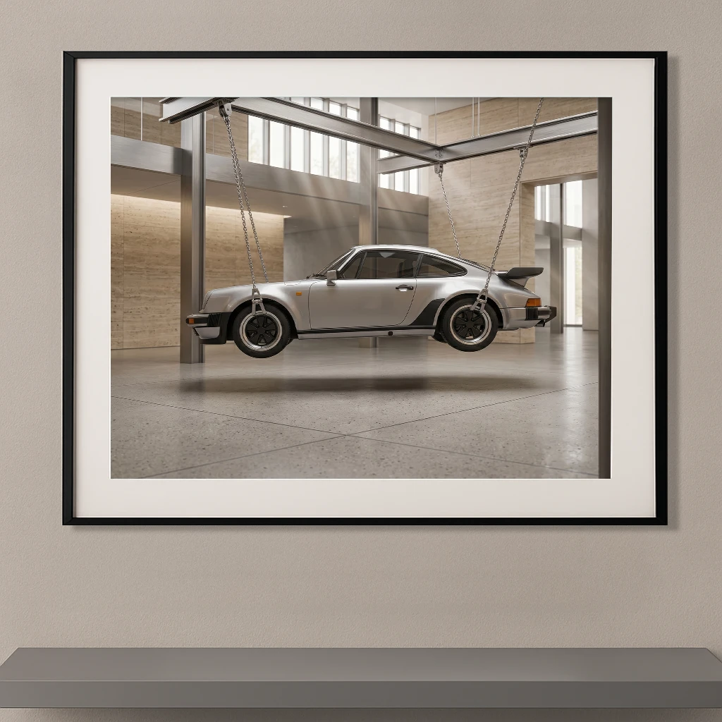 Tableau voiture de légende Porsche 930 Turbo argent suspendue en vue de profil