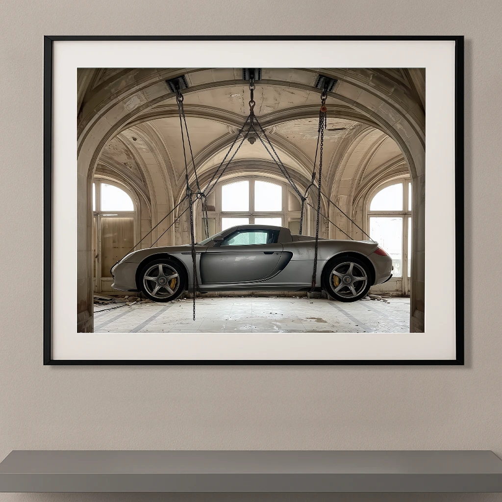 Tableau voiture de légende Porsche Carrera GT argent suspendue dans un palais ancien