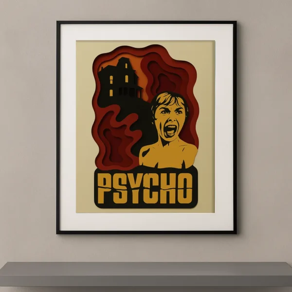 Tableau film culte Psychose en style papier découpé jaune rouge et noir