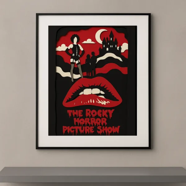 Tableau film culte Rocky Horror en style papier découpé rouge noir et blanc