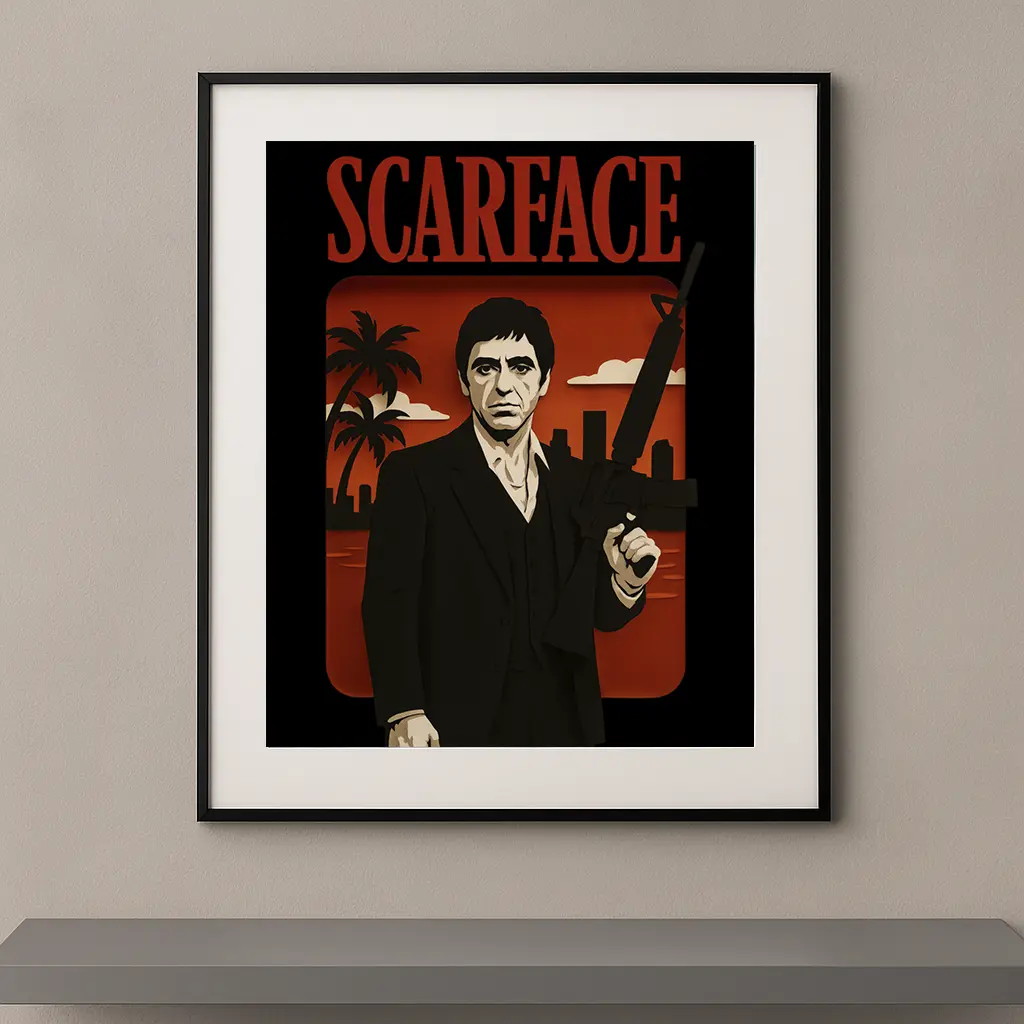 Tableau film culte Scarface en style papier découpé noir rouge et beige