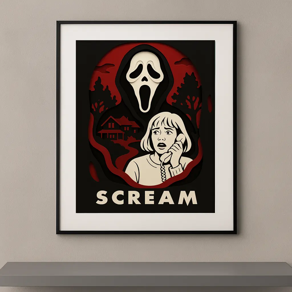 Tableau film culte Scream en style papier découpé noir rouge et blanc