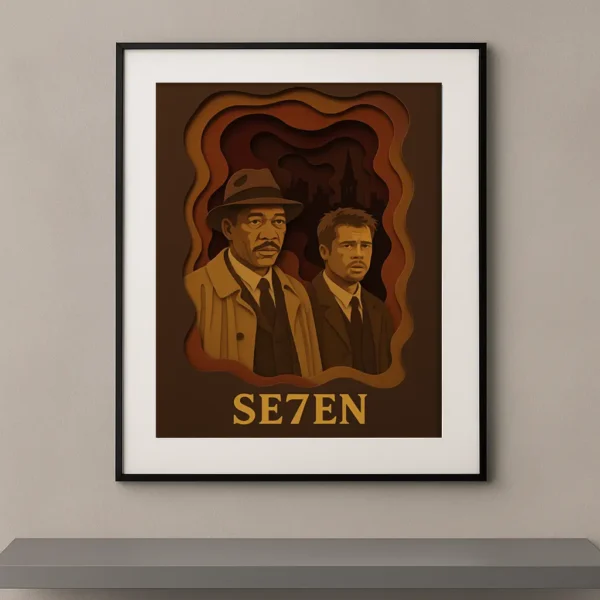 Tableau film culte Seven en style papier découpé brun doré et noir