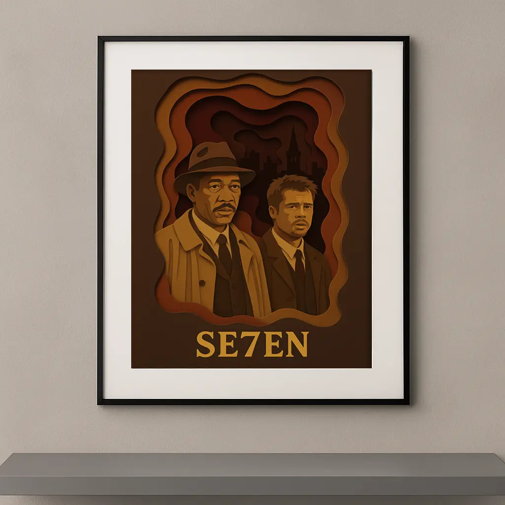 Tableau film culte Seven en style papier découpé brun doré et noir