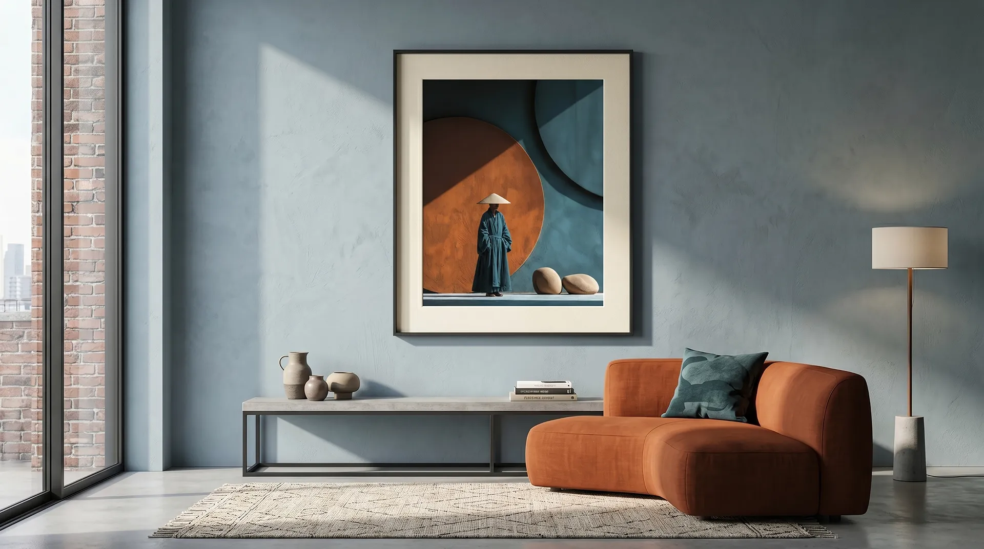 Tableau Figures et Formes Bleu Terracotta dans un intérieur contemporain Graphic Avenue