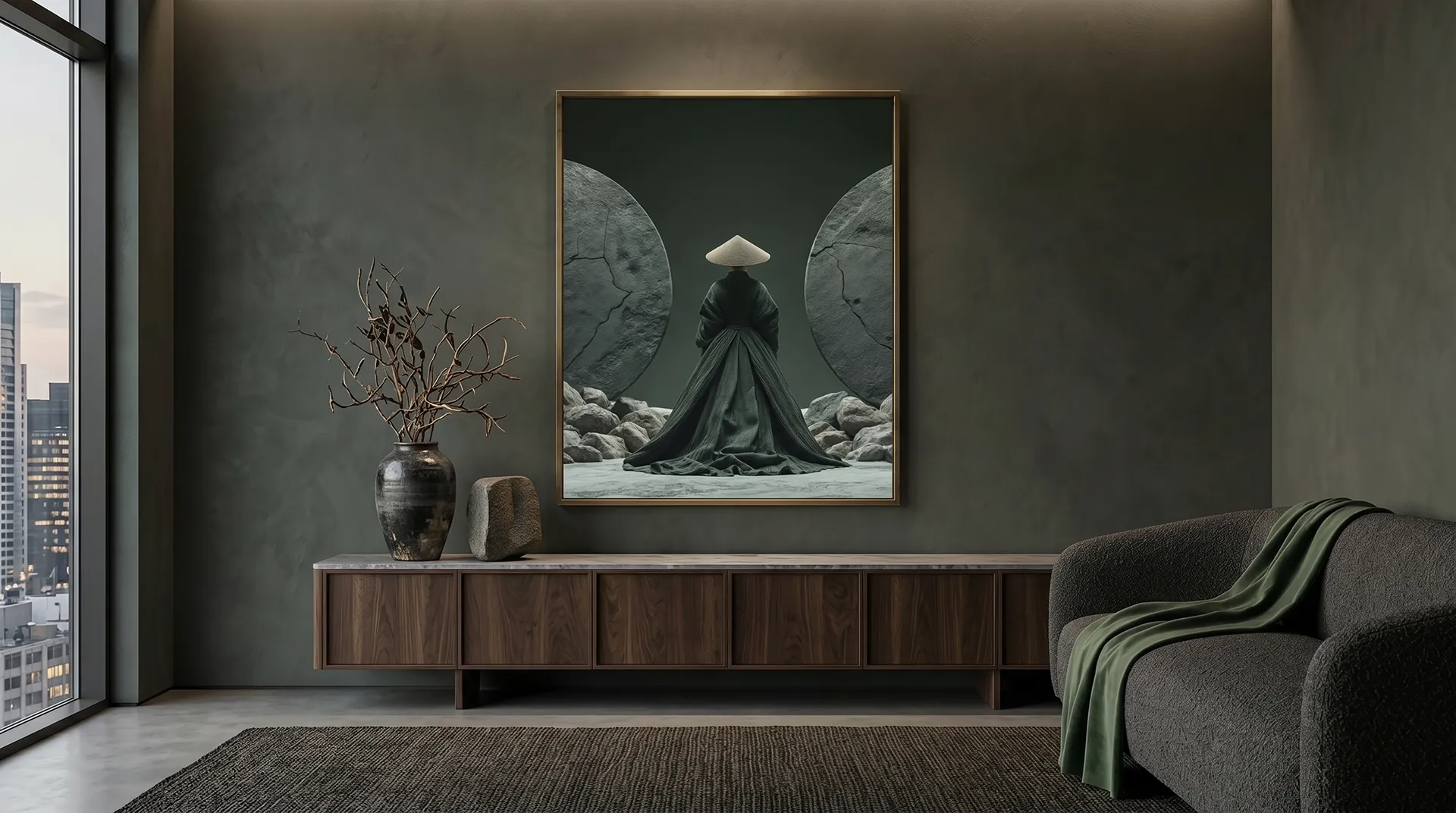 Tableau Figures et Formes Pierre Verte dans un intérieur contemporain Graphic Avenue