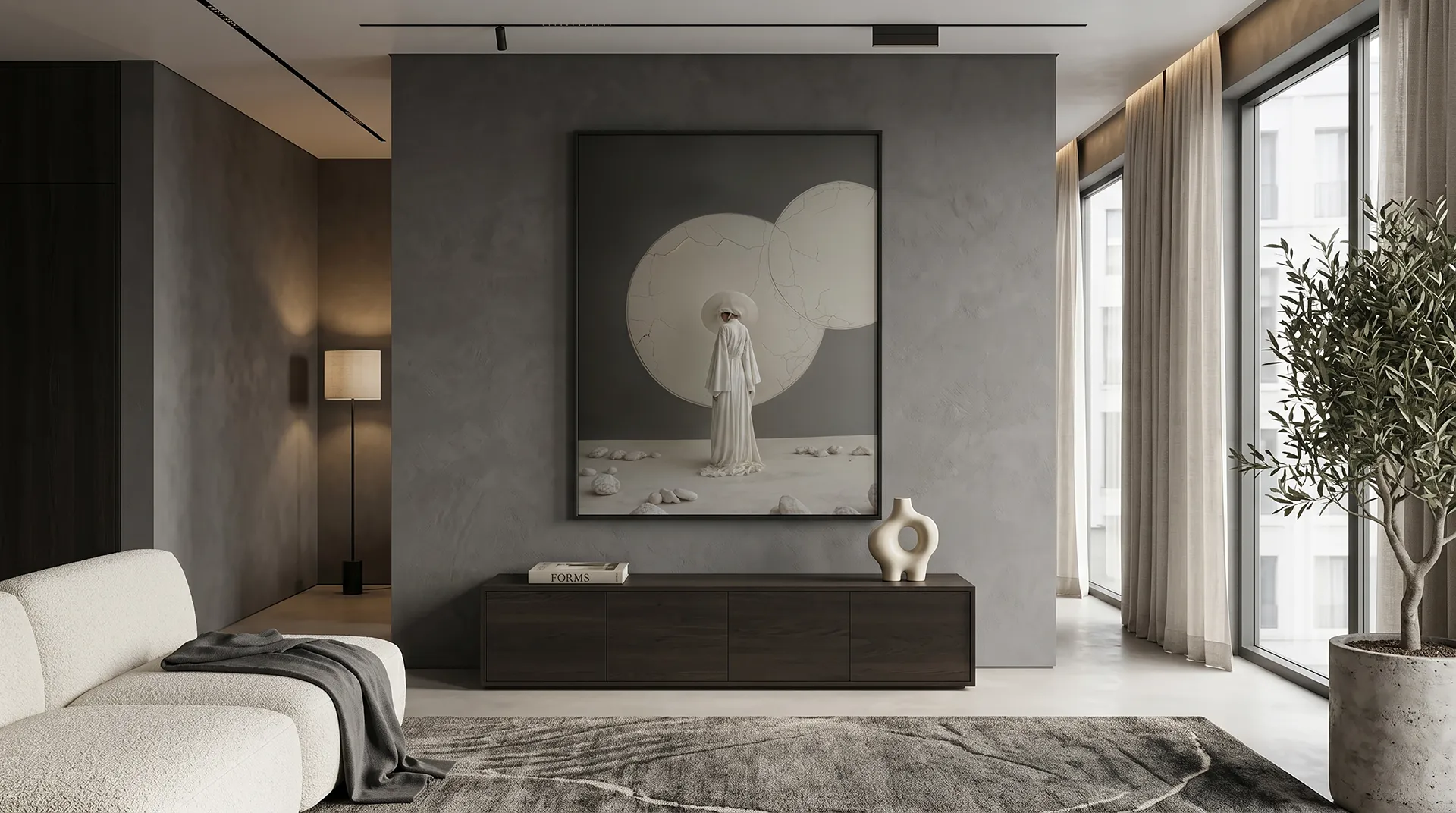 Tableau Figures et Formes Silence Blanc dans un intérieur contemporain Graphic Avenue