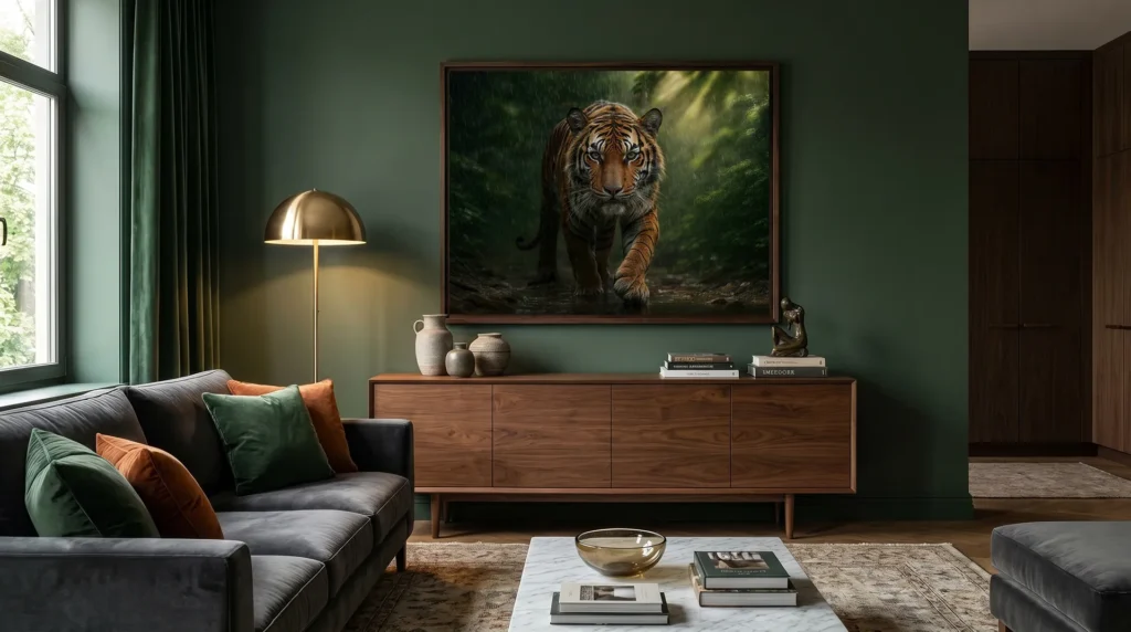 Tableau tigre dans un salon vert contemporain Graphic Avenue