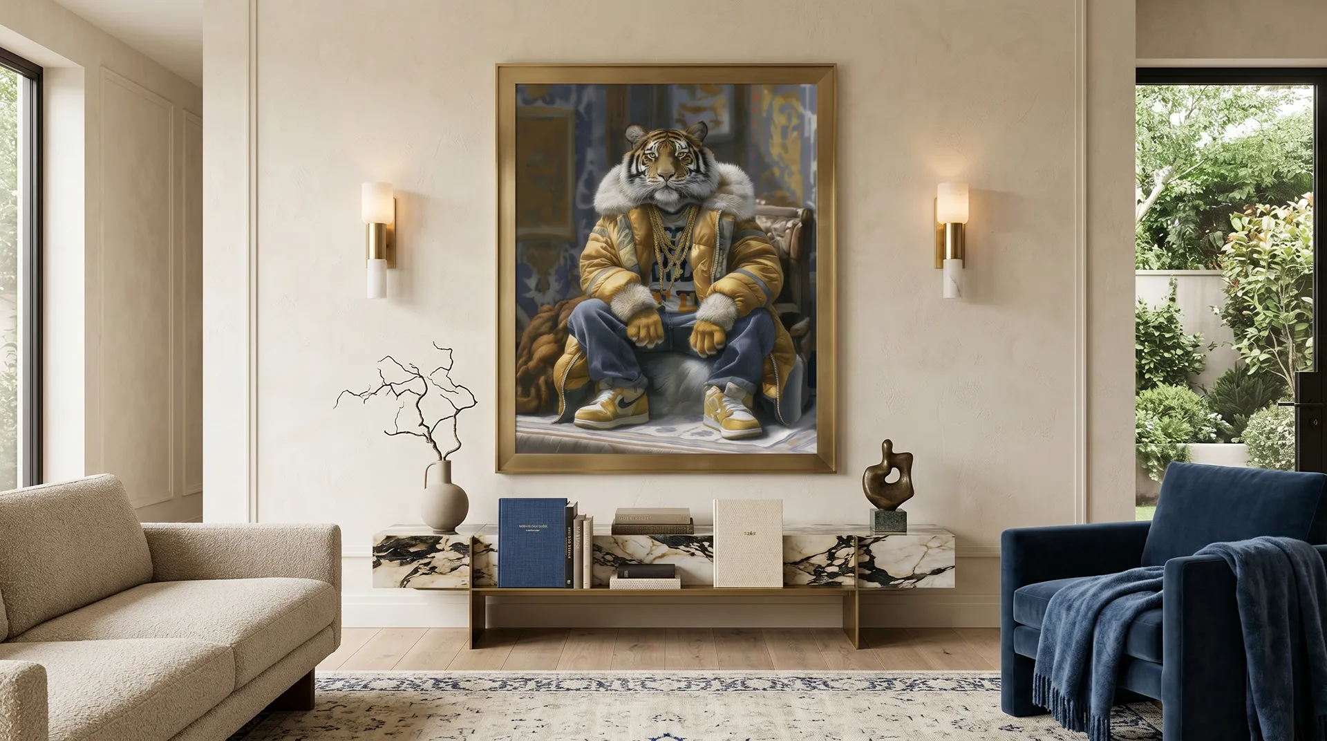 Tableau tigre stylisé en décoration murale premium dans un salon contemporain Graphic Avenue